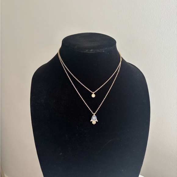 Gold Double-Layer Hamsa Pendant Necklace with Blue Accent - Picture 6 of 6